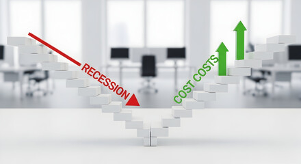 Illustration of Economic Trends with Rising Cost Costs and Declining Recession Displayed on Blocks in a Modern Office Setting