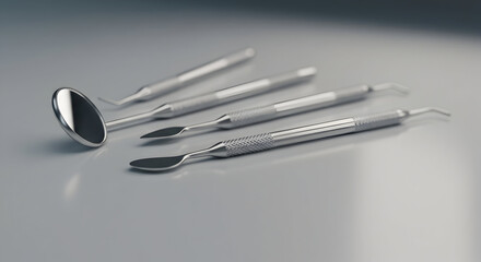 Four Essential Dental Tools Displayed on a Smooth Surface, Highlighting Precision and Functionality in Dentistry Equipment and Instrumentation for