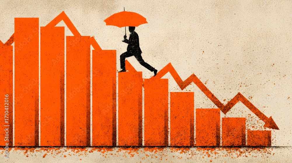 Aufkleber falling graph a person walking with an umbrella on a fluctuating graph background symbolizes resilie