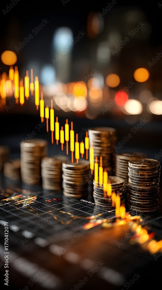 Poster falling graph financial decline represented by coins and a downward trend on a graph with blurred li