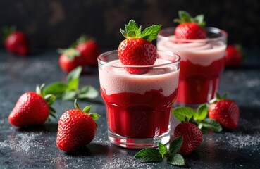 Fresh strawberry dessert served in glasses with mint garnish and scattered strawberries on dark surface