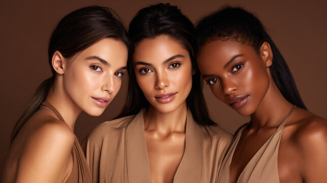 Three diverse skin models with glowing smooth skin posing together with confident and elegant expressions on brown background