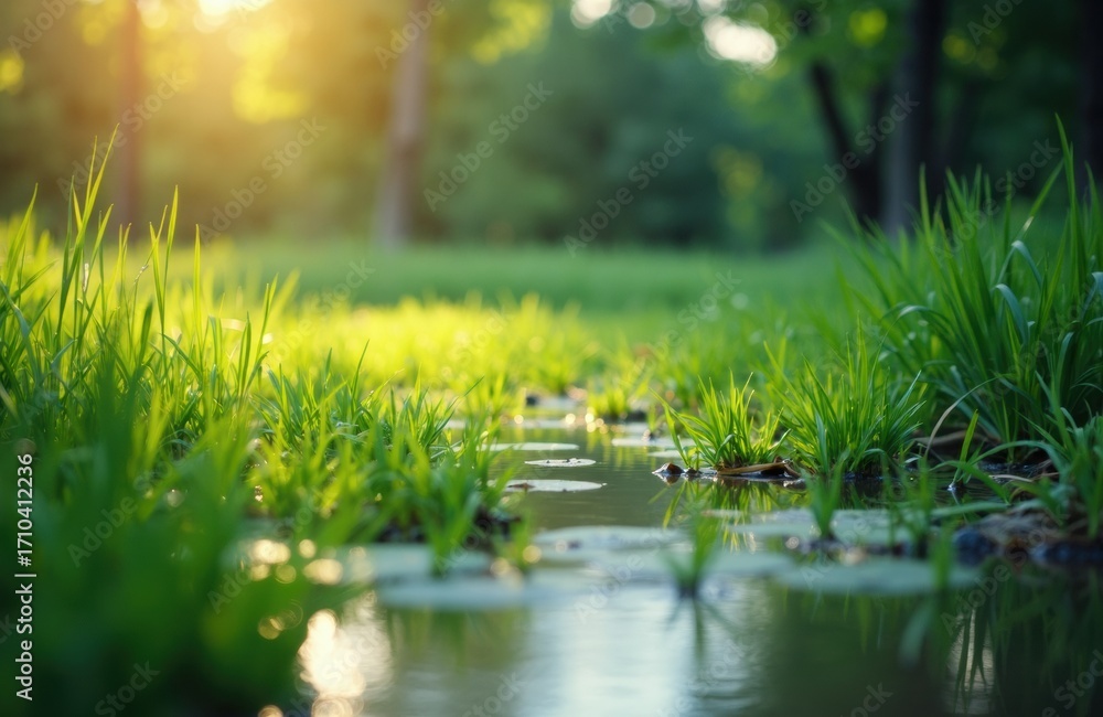 Poster sunlight filters through trees illuminating a peaceful stream in a lush green forest scene