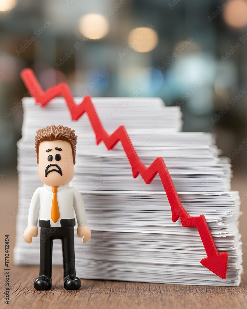 Poster falling graph frowning figure beside a declining graph and paper stack symbolizes financial loss.