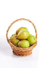 Fresh Pears in Wicker Basket on White Background - Healthy Organic Fruit Collection