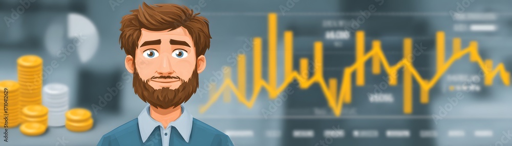 Poster falling graph young man with a beard smiling in front of financial graphs and coins.