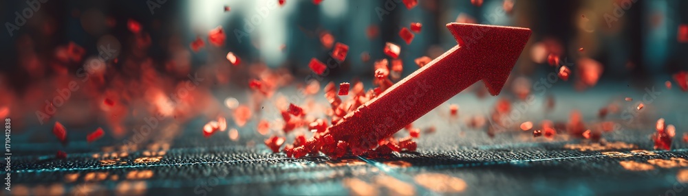 Poster falling graph red arrow breaking through with a burst of colorful particles on a textured surface.