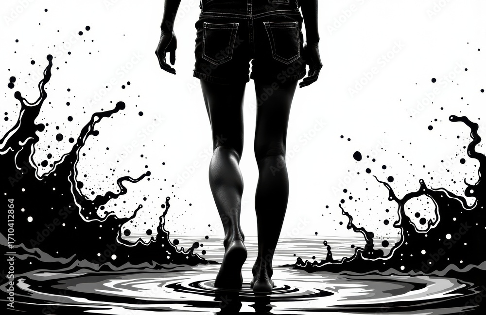 Poster woman walking through water with splashes creating dynamic movement