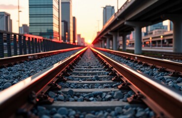 Fototapeta premium Sunset view of railway tracks in an urban city with modern buildings and elevated roads