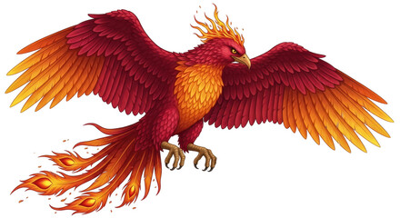 Obraz premium Isolated Phoenix with Spread Wings, Fiery Bird in Flight, Red and Yellow Mythical Creature