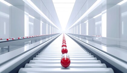 Modern production line with red capsules