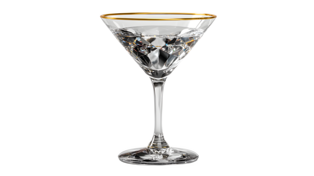 Elegant diamond-cut martini glass with golden rim filled with clear liquid, symbolizing luxury and sophistication for celebratory occasions.