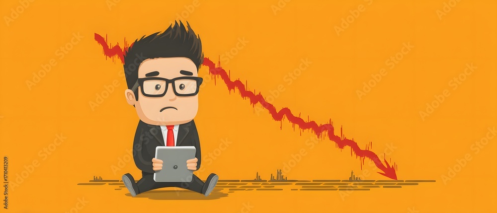 Poster falling graph a businessman looks worried while analyzing a declining graph on a tablet.
