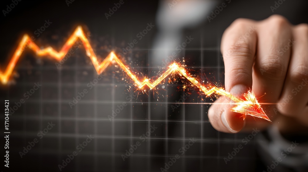 Poster falling graph a hand points at a dynamic graph illustrating market trends and fluctuations.