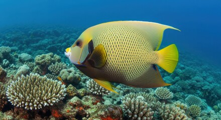 Obraz premium Yellow tang fish swims coral reef