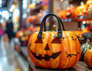 Stylish orange handbag designed like a jack-o’-lantern pumpkin, displayed in a fashion store.