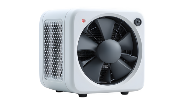 Modern white air purifier fan with sleek design and indicator light for clean, fresh indoor spaces and healthy living environments.
