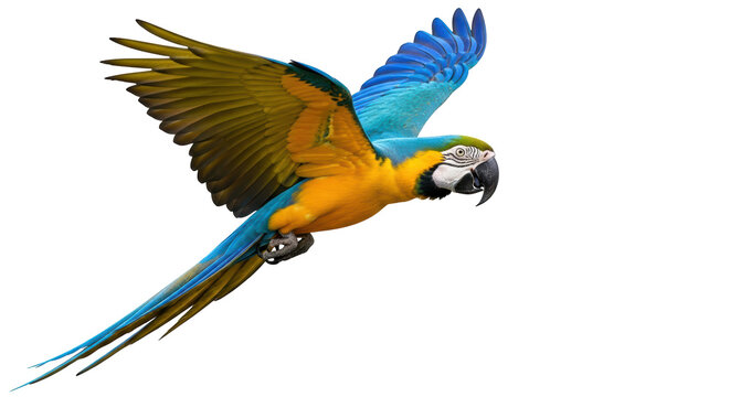 Isolated Macaw parrot flying with open wings, gold and blue bird with strong, curved beak - Powered by Adobe