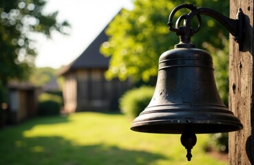 Obraz premium A vintage outdoor bell mounted on a wooden post in a lush garden setting