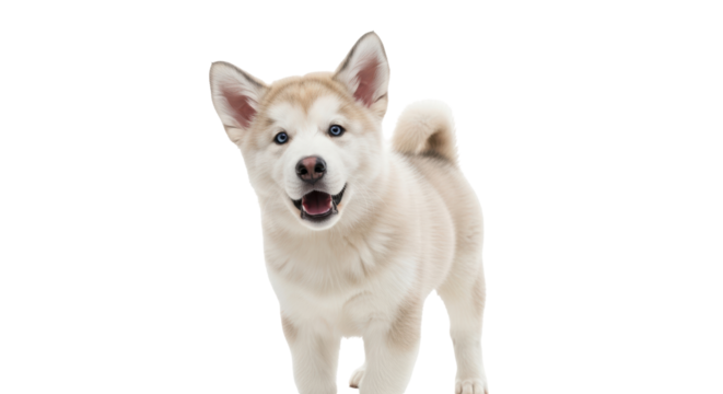 Isolated husky puppy looking forward with open mouth, blue eyes, standing upright, cute face