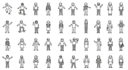 Simple Lineart Diverse Character Set Illustration of People in Various Poses