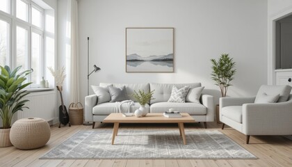 Modern living room design featuring a comfortable sofa, armchair, rug and plants for relaxation