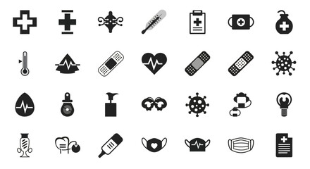 Minimalist Black and White Medical Healthcare Icon Set with Various Symbols