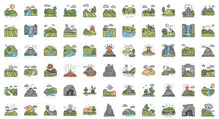 Obraz premium Flat Line Illustration Collection of Landscape, Mountain and Nature Icon Set