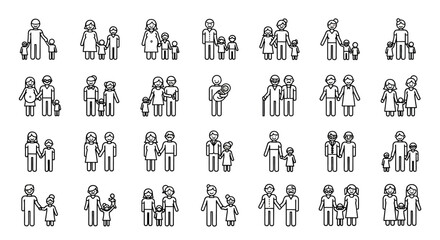 Simple Line Art Family Icon Set Depicting Diverse Relationships and Structures