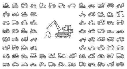 Minimalist Outline Various Construction Vehicle and Transportation Equipment Icon Set