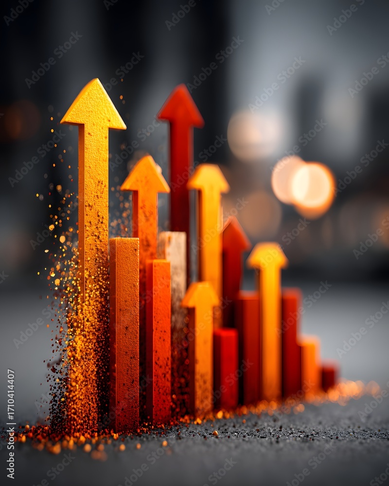 Poster falling graph growing upward arrows in vibrant colors depict progress and success in a dynamic setti