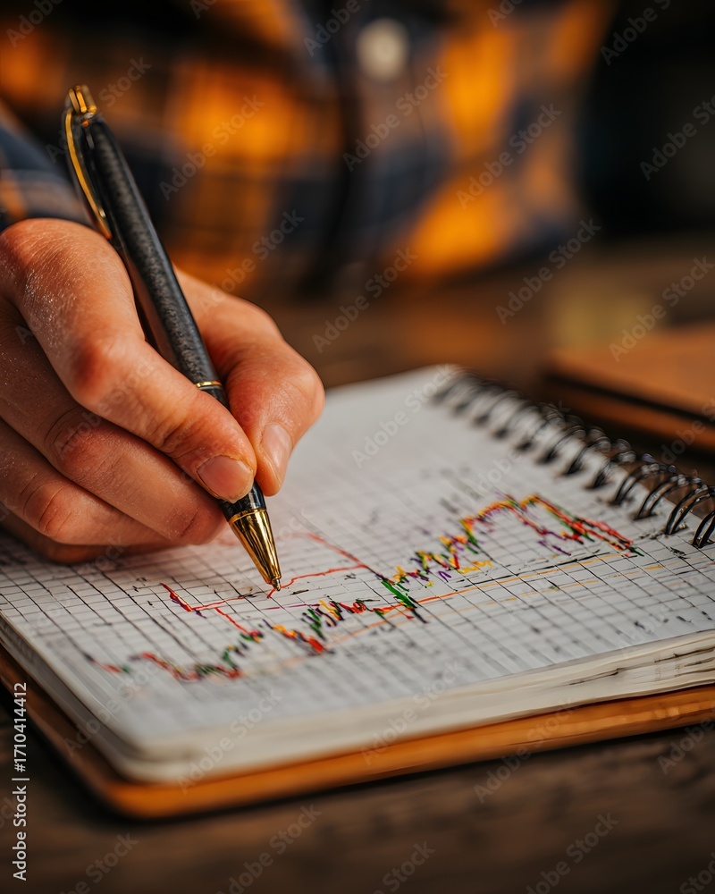 Poster falling graph a person writes analytical notes in a notebook with a graph on a wooden table.