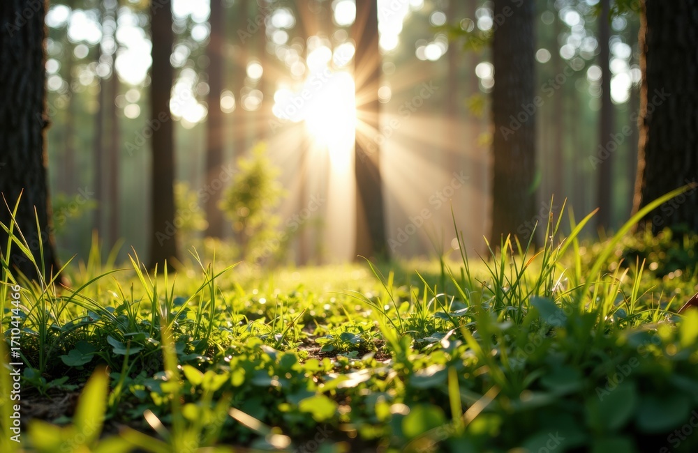 Poster sunlight filtering through trees illuminating a lush forest floor with green grass and plants