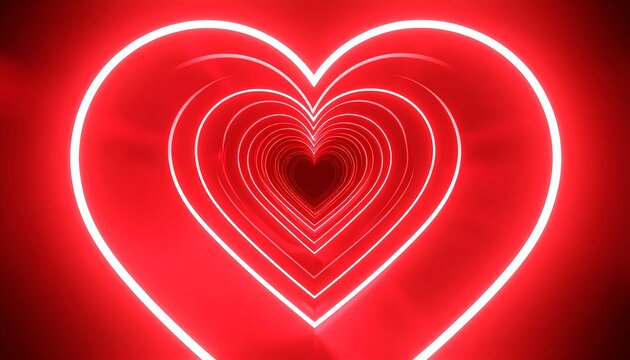 A tunnel of nested red hearts glows, creating a mesmerizing, infinite perspective against a dark background