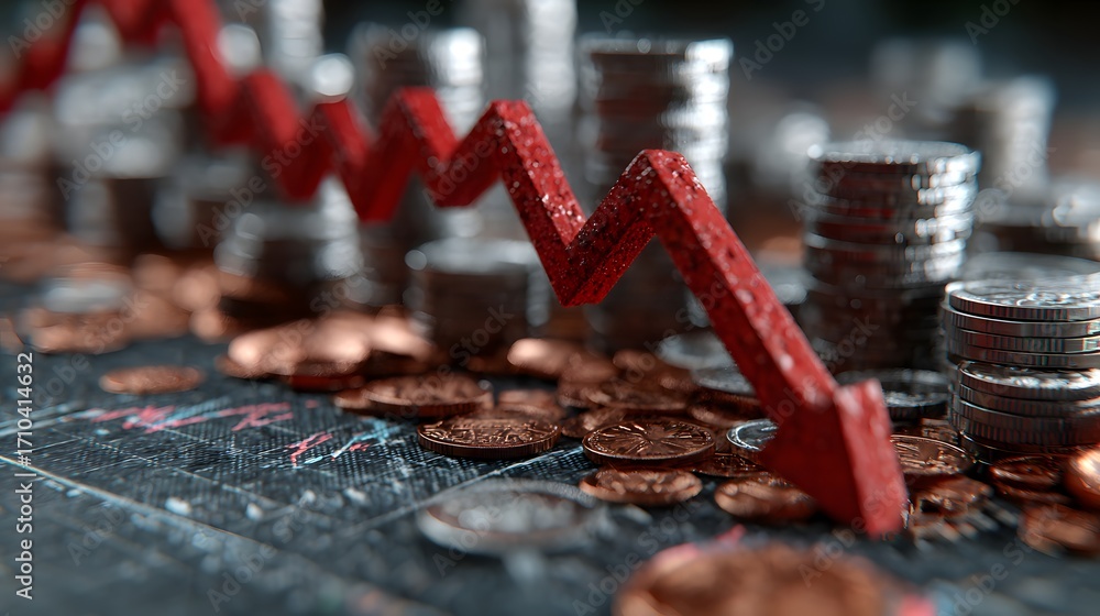 Poster Falling Graph Financial downturn with coins and a red declining graph in focus.