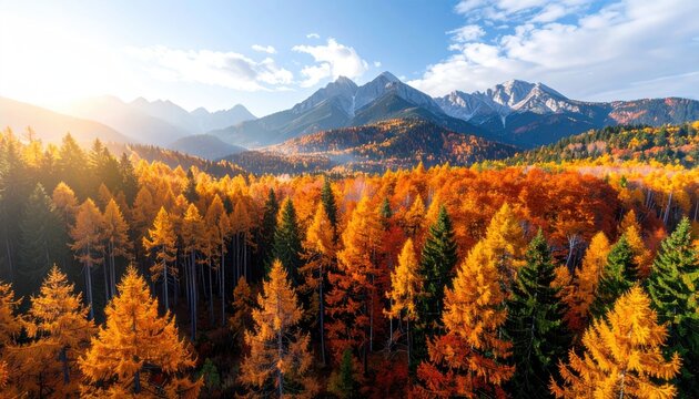 Autumnal Forest Landscape with Golden Sunlight and Distant Snowy Peaks Vivid Cinematic Wildlife Photography Displaying a Colorful Array of Trees in Mountainous Terrain - Powered by Adobe