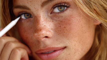 Close up of freckled face with green eyes applying white eyeliner, showing natural beauty and delicate makeup detail