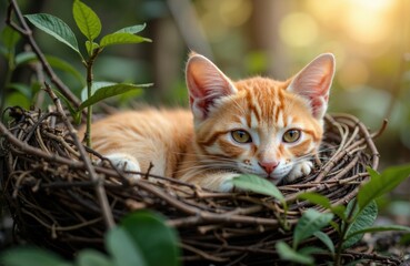 A ginger cat resting in a nest among green leaves in natural outdoor light