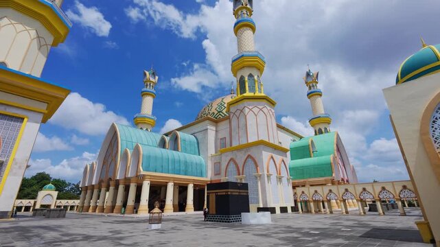 Colorful islamic center mosque in samarinda, indonesia, showing replica of kaaba