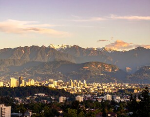 Fototapeta premium City nestled at the foot of snow-capped mountains at sunset