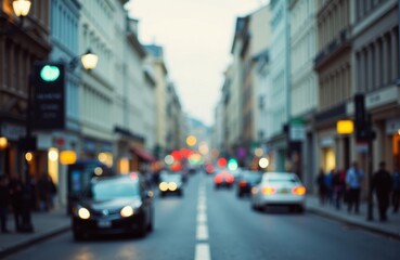 City street with blurred vehicles and buildings creating a lively urban atmosphere