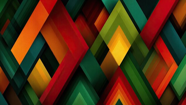 Abstract geometric pattern of overlapping, brightly colored, diagonal rectangles and triangles - Powered by Adobe