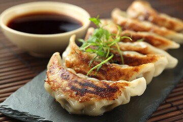 Traditional Japanese gyoza dumplings pan fried golden brown served dipping sauce clean modern background
