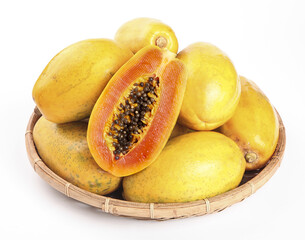 Fresh Ripe Papayas in Wicker Basket - Tropical Fruit from Hainan Yunnan China