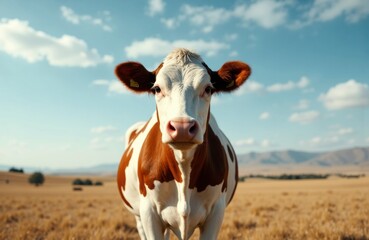 Close-up of a curious brown and white cow standing in a vast open field under a partly cloudy sky