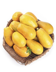 Fresh Yellow Papaya Fruits in Wicker Basket - Tropical Organic Produce on White Background