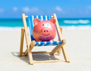 Piggy bank relaxing on beach chair