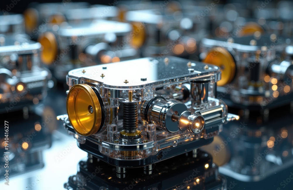 Poster close-up of a transparent mechanical device with metallic and gold components on a reflective surfac