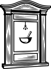 Classical wooden apothecary sign with mortar and pestle engraved illustration, vintage pharmacy symbol
