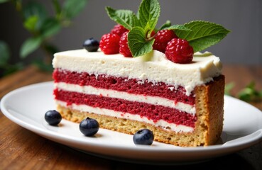 Slice of layered berry cake with cream frosting and fresh berries on top